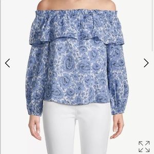 Ann Taylor Tiered Ruffled off shoulder blouse floral, size large